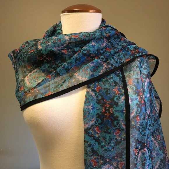 Sheer Blue Floral Damask Tapered Boho Scarf - Picture 3 of 16